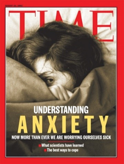 Viršelis turi raudonos spalvos įrėminimą. Nuotrauka nespalvota. Raudono užrašo „Time“ fone vaizduojami baltaodė jauna moteris, kuri slepiasi po antklode, galvos ir rankos fragmentai. Matomi moters plaukai, kairė akis, keturi antklodę sugniaužę rankos pirštai. Jos žvilgsnis rodo nerimą, išgąstį, baimę. Šis atvaizdas iliustruoja nerimo problemą, kuri įvardijama viršelio tekstu: „Understanding Anxiety. Now more than ever we are worrying ourselves sick. What sientists have learned? The best ways to cope“ (Suprasti nerimą. Dabar kaip niekada anksčiau mes jaudinamės taip, kad susergame. Ką sužinojo mokslininkai? Geriausi būdai įveikti). Tekstas pateiktas didžiosiomis raidėmis, žodis „Anxiety“ (Nerimas) išskirtas stambesniu šriftu ir gelsva spalva. Kiti teksto žodžiai baltos spalvos.
