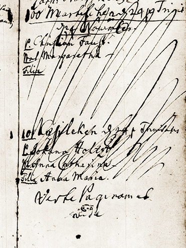 Handwritten historical document with cursive script and several lines crossed out, showing names and notes in dark ink on aged paper.

Description generated by AI
