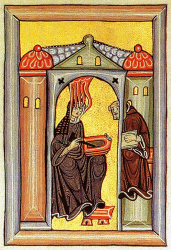 A medieval-style illustration shows two robed people inside an architectural frame, one seated and playing a stringed instrument while the other stands holding a book.

Description generated by AI
