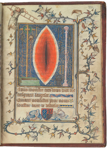 A medieval illuminated manuscript page features a large red eye-like shape in the center surrounded by intricate blue and gold patterns, decorative floral and bird motifs along the borders, and two people in medieval clothing at the bottom near a shield with a coat of arms.

Description generated by AI