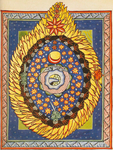 A colorful medieval-style illustration depicting a cosmic scene with a central Earth-like sphere surrounded by stars, celestial bodies, and a fiery, flame-like border.

Description generated by AI