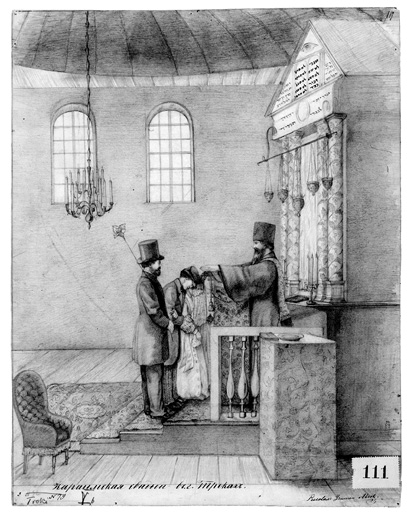 Mėgėjo lygio piešinys, kurį iš natūros apie 1866-tuosius metus paprastu pieštuku piešė Trakų apskrities mokyklos mokytojas P. Lgovas. Trakų karaimų šventovės kenesos interjere pavaizduoti penki žmonės, stovintys ant kilimu užtiestos neaukštos pakilos prieš altorių. Žmonių figūros yra piešinio apatinėje pusėje, o dalinant piešinį horizontaliai – viduriniame jo trečdalyje. Matoma nedidelė dalis lubų, piešinio kairėje viršuje aukštai iškirsti du dideli viršuje užapvalinti langai, langų apačios lygyje  ir truputį aukščiau  piešinio vidurio pakabintas sietynas su apie penkiolika žvakių. Piešinio trečią dalį dešinėje užima aukštas altorius, jo viršutinėje dalyje trikampis timpanas su Apvaizdos akimi ir užrašais hebrajų rašmenimis. Surašyti rašalu paryškinti dešimt Dievo įsakymų ir pieštuku citatos iš Toros. Altoriaus priekyje ant ilgų grandinėlių pakabinti penki šviestuvai, jo fasado šonuose po dvi margintas kolonas, atremtas į atbrailą, ant kurios guli knyga ir stovi dvi žvakidės po tris žvakes. Nugara į altorių, profiliu į žiūrintįjį stovi šventikas aukšta cilindro formos kepure be brylių, ilga barzda, jo rankos iškeltos laiminimui, pirštuose virvelė su kutais. Likę žmonės atsisukę veidu į šventiką, profiliu į žiūrintįjį. Abu jaunieji nulenkę galvas: toliau nuo žiūrinčiojo stovinti jaunoji balta suknele su juosta ir sagomis, plačiomis puošniomis rankovėmis, su vualiu, jaunasis vilki švarką ilgais iki kelių skvernais, dryžuotas kelnes, pasirišęs peteliškę, dėvi kepurę. Toliausiai stovinčios liudininkės beveik nematyti, liudininkas stovi arčiausiai mūsų, jo tamsesnis kostiumas su ilgaskverniu švarku, aukštą cilindrą, laiko ant peties atremtą ceremonijos skeptrą su lelijos žiedu. Pirmame plane, tarp žiūrinčiojo ir altoriaus yra žema dekoratyvinė baliustrada su trimis stulpeliais ir baldas, ant kurio guli tuščia lėkštė ir knyga. Piešinio kairėje pirmame plane, už žmonių nugarų, pastatytas nedidelis krėslas. Piešinio apačioje dailininko parašas ir įrašas rusų kalba: „Karaimų vestuvės Trakų mieste“. 