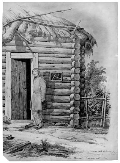 Realistiškas piešinys pieštuku iš natūros, kurį 1866-taisiais metais parengė Panevėžio apskrities mokyklos dailės mokytojas Nikolajus Tatarinovas. Piešinys meistriškas, vykusiai sudėti šešėliai, kruopščiai išbaigtos detalės; sprendžiant iš šešėlių aiškumo yra diena, ryškiai šviečia saulė. Matuojant horizontaliai, bent du jo trečdalius piešinio iš kairės pusės užima dalis vieno aukšto rąstinės pirkios fasado su labai mažu langeliu ir pravertomis į vidų vienvėrėmis durimis. Stogas dengtas šiaudais, prislėgtas medžio šakomis. Piešinio apatiniame ketvirtadalyje detaliai pavaizduotas kiemo paviršius su žole, kitais augalais, takeliu, gelda, pastato dešinėje matomas retos žardų tvoros fragmentas, už tvoros krūmai ir medžiai, turbūt ten sodas. Durų angos dešinėje, dešiniu šonu atsirėmęs į staktą, pasisukęs  savo kairiuoju šonu į žiūrintįjį, bet atgręžęs į mus veidą stovi jaunas vyras nedideliais ūsais, ant jo kaktos užkritę trumpi, iki kaktos vidurio, kirpčiai. Vyras žvelgia į dailininką tiesiai, įdėmiai, be šypsenos. Vilki ilgu susegamu viršutiniu rūbu stačia apykakle, languotomis kelnėmis, naginėmis su daug raištelių. Galvos apdangalą laiko palei šoną laisvai nuleistoje rankoje, jo kojos sukryžiuotos, arčiau žiūrovo esančios pėdos kulnas pakeltas. Apačioje dailininko parašas, piešinio atlikimo data ir užrašas rusų kalba: „Valstiečių troba Panevėžio apskrityje“.