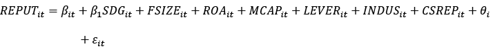 A mathematical regression equation showing REPUT as a function of variables including SDG, FSIZE, ROA, MCAP, LEVER, INDUS, CSREP, with coefficients and error terms.

Description generated by AI