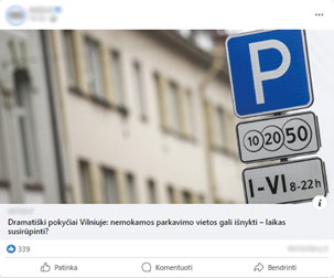 [Paveiksle pateikiamas melagingos naujienos stimulo pavyzdys „Facebook“ įrašo formatu. Pavaizduotos dvi tos pačios naujienos versijos su identiška iliustracija, tačiau skirtingu patiktukų skaičiumi (mažesnis ir didesnis) ir skirtingomis antraštėmis (neutralia ir sensacinga). Neutralios antraštės pavyzdys: „Vilniuje svarstoma nauja parkavimo tvarka: gyventojai gali netekti nemokamų vietų“, o sensacingos antraštės pavyzdys – „Dramatiški pokyčiai Vilniuje: nemokamos parkavimo vietos gali išnykti – laikas susirūpinti?“. Paveikslas iliustruoja manipuliaciją antraščių sensacingumu ir socialiniu pritarimu (patiktukų skaičiumi) eksperimente.]

