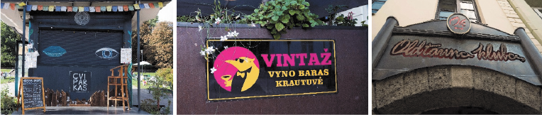 [The figure 7 shows (re)adapted identifying parts of company names, such as CVIPARKAS (‘Cvipark’), vyno baras, krautuvė Vintaž, Oldtauno klubas. The examples are presented in the figures]
