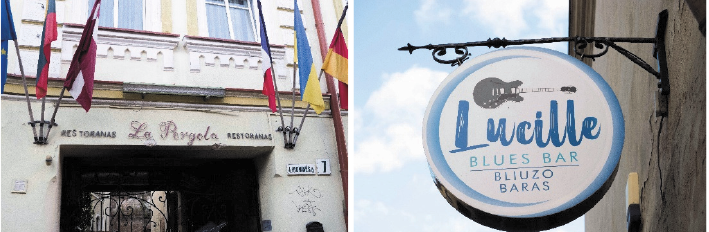 [The figure 4 shows that bilingual names are based on the linguistic relationship between the identifying part and the words describing its type. The identifying part is in one language, and the word indicating the type is in another, such as restoranas La Pergola (restaurant La Pergola) or bliuzo baras Lucille (blues bar Lucille). The examples are presented in the figures]
