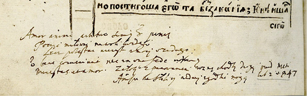 Нижній край аркуша книги з рукописними маргіналіями латинською і польською мовами під друкованим текстом. Другий і третій рядок маргіналій ізнизу – латинська цитата з «Метаморфоз» Овідія: “Non bene conveniunt nec in una sede morantur maiestas et amor. Ovidius, Metamorphoses. Liber 2, vers 847.

