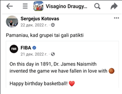 На фото 5 представлен билингвальный фрагментарный текст комбинации поста и  репоста на английском и литовском языках в группе школы «Draugystės». Основная информация (о баскетболе) дана на английском языке, текст на литовском языке дает дополняющую информацию. 