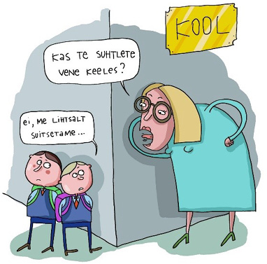 The image presents Andrei Mokijevski’s caricature, published on his open Facebook page on 3 December 2024. It depicts two boys standing behind the corner of a building marked with the word “School.” A teacher with blond, shoulder-length hair and glasses (closely resembling the current Minister of Education, Kristina Kallas) appears to be catching them in the act. The captions are in Estonian and disclose the following exchange:
Teacher: “Are you speaking Russian?”
Students: “No, we are just smoking.”
