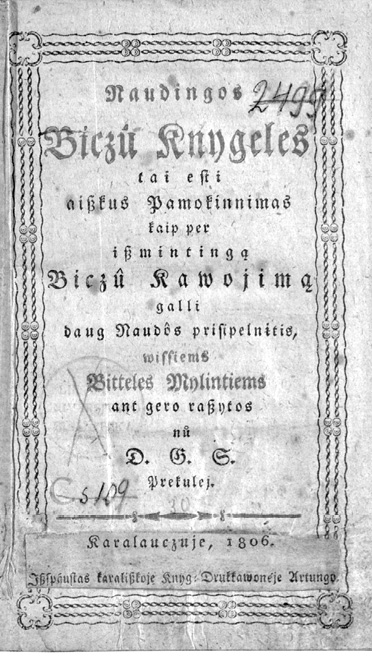 A vintage book cover page with ornate border and text in an old-style font, dated 1806 and written in a language resembling Lithuanian.
Description generated by AI