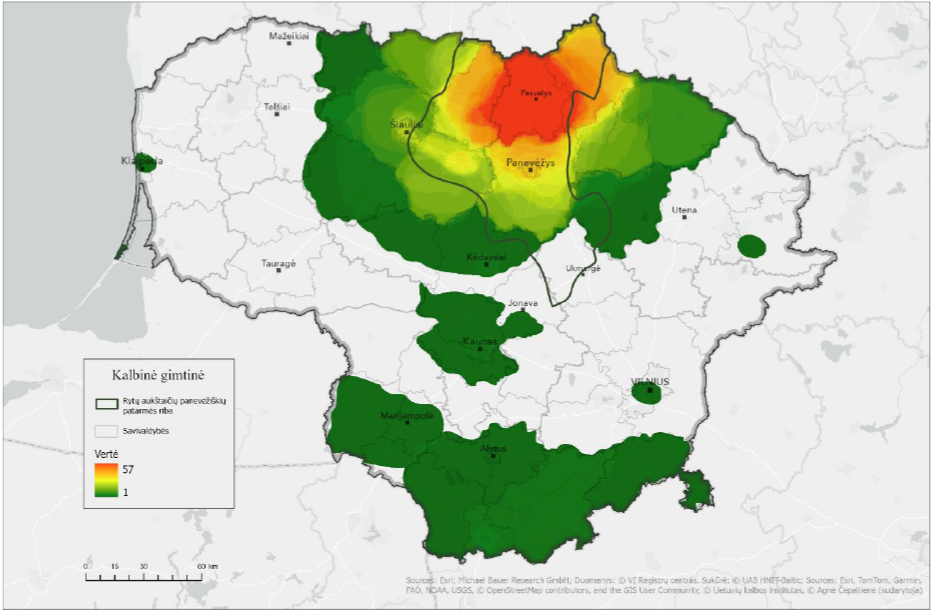 Lietuvos žemėlapyje skirtingomis spalvomis pavaizduoti apibendrinti šiauriau esančių penkių gimnazijų moksleivių atsakymų į žemėlapio užduoties klausimą, kur kalbama ta pačia ar panašia kalba, kaip ir jų gyvenamojoje vietovėje, geoerdvinės analizės rezultatai ir rytų aukštaičių panevėžiškių patarmės riba. Raudona spalva rodo dažniausiai (iki 57 kartų) respondentų žymėtą teritoriją – Pasvalio r. sav., Pakruojo r. sav. apylinkes; oranžinė spalva rodo panašiai dažnai žymėtą arealą – Biržų r. sav., Žagarės, Lygumų, Panevėžio m. sav. apylinkes; geltona spalva rodo rečiau žymėtą plotą – Šeduvos, Miežiškių apylinkes; žalia spalva rodo rečiausiai žymėtą teritoriją – Kauno m. ir r. sav., Klaipėdos m. sav., Ignalinos r. sav., Vilniaus m. sav. apylinkes ir pietų Lietuvą. Taip pat žemėlapyje pateikti didesniųjų Lietuvos miestų pavadinimai ir Lietuvos savivaldybių ribos