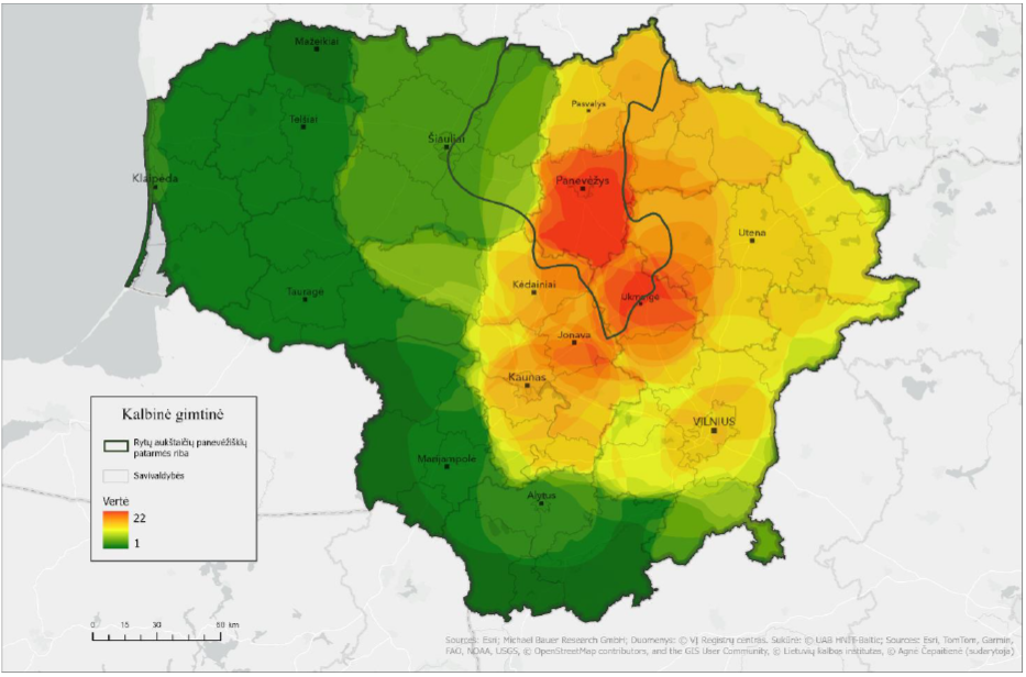 Lietuvos žemėlapyje skirtingomis spalvomis pavaizduoti apibendrinti piečiau esančių dviejų gimnazijų moksleivių atsakymų į žemėlapio užduoties klausimą, kur kalbama ta pačia ar panašia kalba, kaip ir jų gyvenamojoje vietovėje, geoerdvinės analizės rezultatai ir rytų aukštaičių panevėžiškių patarmės riba. Raudona spalva rodo dažniausiai (iki 22 kartų) respondentų žymėtą teritoriją – Panevėžio m. ir r. sav., taip pat Ukmergės r. sav. apylinkes; oranžinė spalva rodo panašiai dažnai žymėtą arealą – Biržų r. sav., Pasvalio r. sav., Kupiškio r. sav., Rokiškio r. sav., Jonavos r. sav., Kėdainių r. sav., Kauno m. ir r. sav., Vilniaus m. ir r. sav. apylinkes; geltona spalva rodo rečiau žymėtą plotą – rytinius, pietinius ir vakarinius minėtų rajonų pakraščius; žalia spalva rodo rečiausiai žymėtą teritoriją – likusį Lietuvos plotą. Taip pat žemėlapyje pateikti didesniųjų Lietuvos miestų pavadinimai ir Lietuvos savivaldybių ribos