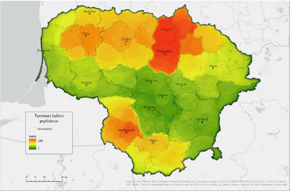 Lietuvos žemėlapyje skirtingomis spalvomis pavaizduoti apibendrinti tyrimui pasirinktų septynių gimnazijų moksleivių atsakymų į žemėlapio užduoties klausimą, kur kalbama tarmiškai, geoerdvinės analizės rezultatai. Raudona spalva rodo dažniausiai (iki 180 kartų) respondentų žymėtą tarminės kalbos paplitimo teritoriją – Pasvalio r. sav., Panevėžio m. ir r. sav., Biržų r. sav. apylinkes; šviesesnė rausva rodo panašiai dažnai žymėtus plotus – Kupiškio r. sav. ir Marijampolės r. sav. apylinkes; oranžinė spalva rodo dažnai žymėtą arealą – Šiaulių ir Telšių apskričių, Šakių r. sav., Vilkaviškio r. sav., Kalvarijos r. sav., Alytaus r. sav., Varėnos r. sav., dalies Lazdijų r. sav., Rokiškio r. sav. apylinkes; geltona spalva rodo rečiau žymėtą teritoriją – Anykščių r. sav., Skuodo r. sav., Kretingos r. sav., dalies Lazdijų r. sav., Druskininkų r. sav. apylinkes; žalia spalva rodo rečiausiai žymėtą (su tarme nesietą) teritoriją – tai likęs Lietuvos plotas. Taip pat žemėlapyje pateikti didesniųjų Lietuvos miestų pavadinimai ir Lietuvos savivaldybių ribos
