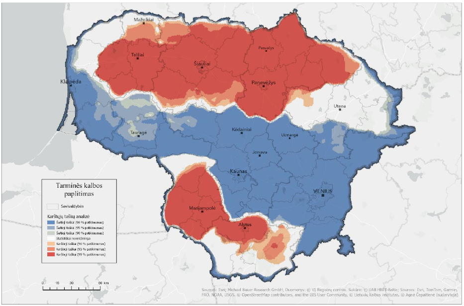 Lietuvos žemėlapyje skirtingomis spalvomis pavaizduoti apibendrinti tyrimui pasirinktų septynių gimnazijų moksleivių atsakymų į žemėlapio užduoties klausimą, kur kalbama tarmiškai, geoerdvinės analizės rezultatai (statistiškai reikšmingas tarminės kalbos vartojimo zonas). Raudona spalva rodo dažniausiai respondentų žymėtą tarminės kalbos paplitimo teritoriją – Panevėžio, Šiaulių, Telšių, Marijampolės apskričių, Alytaus r. sav. ir Varėnos r. sav. apylinkes; pilka spalva rodo statistiškai nereikšmingus plotus – didžiąją dalį Utenos apskrities, taip pat Skuodo r. sav., Kretingos r. sav., dalies Jurbarko r. sav., Lazdijų r. sav., Druskininkų r. sav. ir Varėnos r. sav. apylinkes; mėlyna spalva rodo rečiausiai žymėtą (su tarme nesietą) teritoriją – tai likęs Lietuvos plotas. Taip pat žemėlapyje pateikti didesniųjų Lietuvos miestų pavadinimai ir Lietuvos savivaldybių ribos