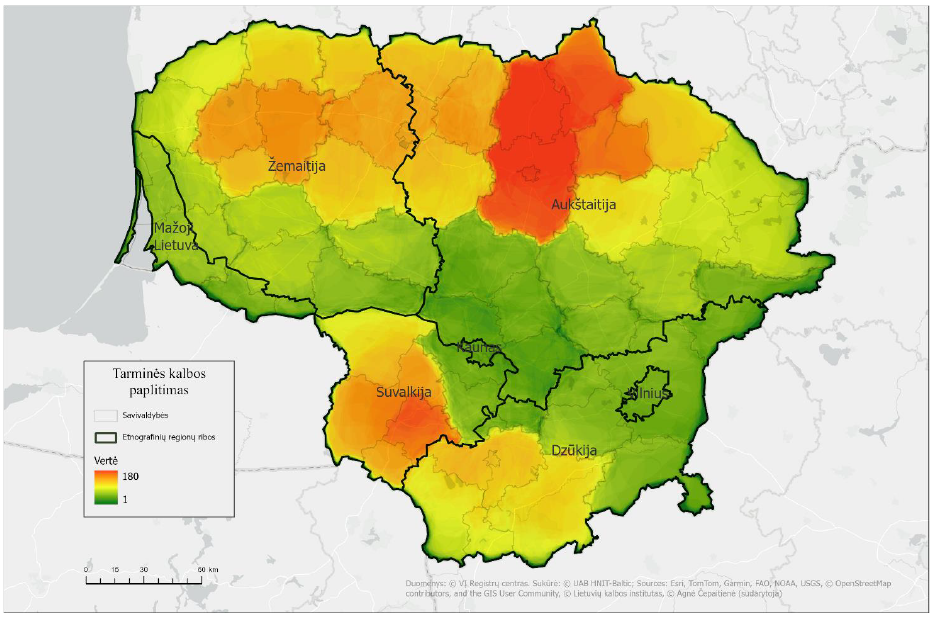 Lietuvos žemėlapyje skirtingomis spalvomis pavaizduoti apibendrinti tyrimui pasirinktų septynių gimnazijų moksleivių atsakymų į žemėlapio užduoties klausimą, kur kalbama tarmiškai, geoerdvinės analizės rezultatai (plg. 9 pav. aprašą) ir Lietuvos etnografinių regionų ribos, nurodyti etnografinių regionų pavadinimai. Taip pat žemėlapyje pateiktos Lietuvos savivaldybių ribos