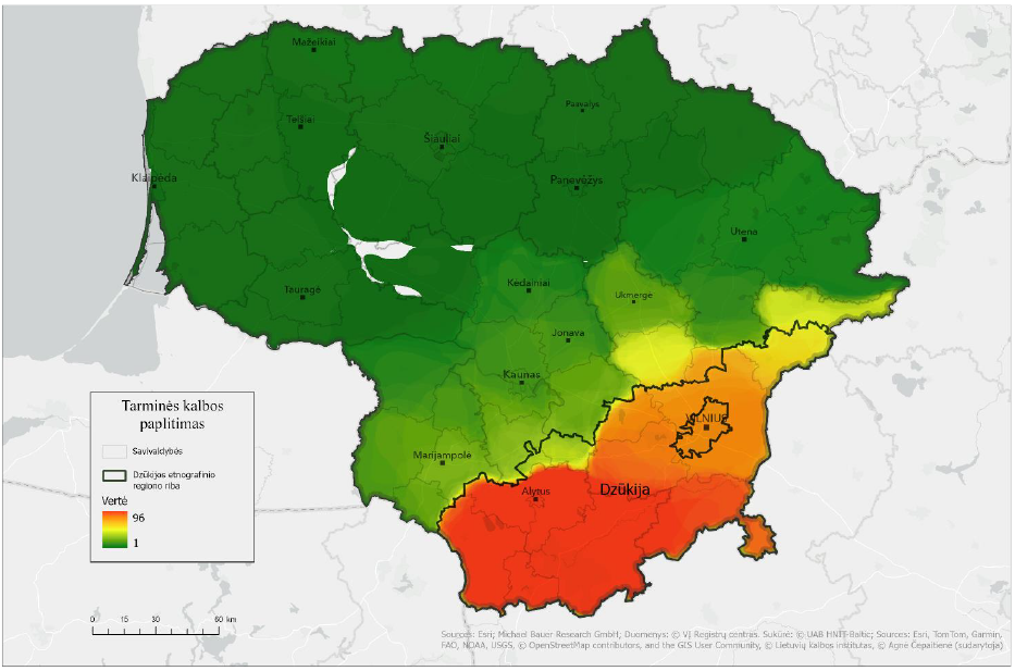 Lietuvos žemėlapyje skirtingomis spalvomis pavaizduoti apibendrinti tyrimui pasirinktų septynių gimnazijų moksleivių, kurie, atlikdami žemėlapio užduotį, žymėjo tarminės kalbos paplitimą ir įvardijo dzūkų tarmę, geoerdvinės analizės rezultatai ir Dzūkijos etnografinio regiono riba, nurodytas etnografinio regiono pavadinimas. Žemėlapyje raudona ir oranžine spalvomis pažymėta respondentų dažniausiai nurodyta ir įvardyta dzūkų tarmės paplitimo teritorija didžiąja dalimi sutampa su Dzūkijos etnografinio regiono ribomis. Pilka spalva žymi nedidelę teritoriją, aptariamų pateikėjų niekada nesietą su dzūkų tarme – tai pavienės gyvenamosios vietovės Šilalės r. sav., Telšių r. sav. ir Kelmės r. sav.; geltona spalva rodo rečiau žymėtus dzūkų tarmės paplitimo plotus – tai teritorija aplink Dzūkijos etnografinį regioną; žalia spalva rodo rečiausiai žymėtus dzūkų tarmės paplitimo plotus – tai visa likusi Lietuvos teritorija. Taip pat žemėlapyje pateikti didesniųjų Lietuvos miestų pavadinimai ir Lietuvos savivaldybių ribos