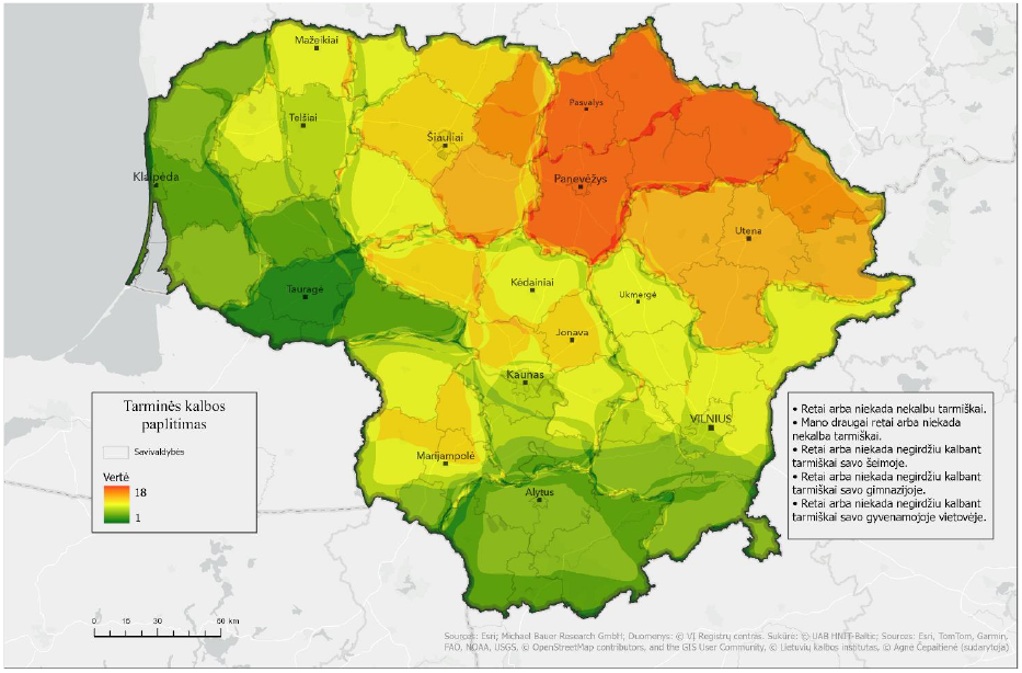 Lietuvos žemėlapyje skirtingomis spalvomis pavaizduoti apibendrinti tyrimui pasirinktų septynių gimnazijų moksleivių atsakymų į žemėlapio užduoties klausimą, kur kalbama tarmiškai, ir anketų atsakymų, kuriais deklaruota, kad nekalbama tarmiškai ir savo aplinkoje negirdima kalbant tarmiškai, geoerdvinės analizės rezultatai. Ryški oranžinė spalva rodo dažniausiai (iki 18 kartų) tarmiškai nekalbančių ir savo aplinkoje tarminės kalbos negirdinčių respondentų žymėtą tarminės kalbos paplitimo teritoriją – Panevėžio apskrities apylinkes; šviesesnė oranžinė spalva rodo panašiai dažnai žymėtą plotą – Utenos apskrities, Joniškio r. sav., Šiaulių r. sav., Pakruojo r. sav., Radviliškio r. sav., Raseinių r. sav., Jonavos r. sav., Kazlų Rūdos r. sav., Marijampolės r. sav., dalį Kauno m. ir r. sav., Vilkaviškio r. sav. apylinkių; geltona spalva rodo rečiau žymėtas teritorijas – Plungės r. sav., Mažeikių r. sav., Akmenės r. sav., Kelmės r. sav., Kėdainių r. sav., Ukmergės r. sav., Širvintų r. sav., Vilniaus m. ir r. sav., Švenčionių r. sav., dalį Marijampolės apskrities apylinkių; žalia spalva rodo rečiausiai žymėtus (su tarme nesietus) arealus – tai visa likusi Lietuvos teritorija. Taip pat žemėlapyje pateikti didesniųjų Lietuvos miestų pavadinimai ir Lietuvos savivaldybių ribos, klausimai, kurių atsakymų pagrindu parengtas žemėlapis