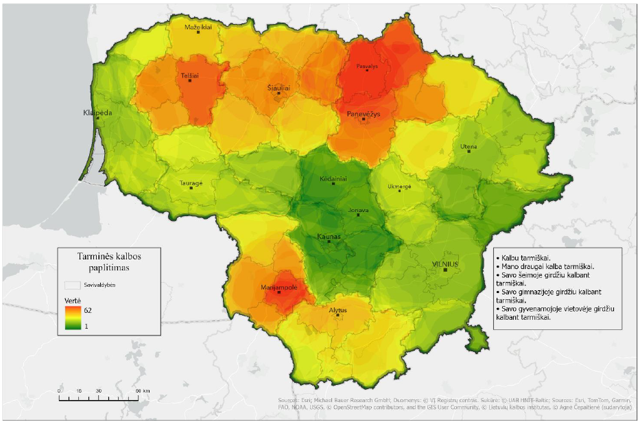 Lietuvos žemėlapyje skirtingomis spalvomis pavaizduoti apibendrinti tyrimui pasirinktų septynių gimnazijų moksleivių atsakymų į žemėlapio užduoties klausimą, kur kalbama tarmiškai, ir anketų atsakymų, kuriais deklaruota, kad kalbama tarmiškai ir savo aplinkoje girdima kalbant tarmiškai, geoerdvinės analizės rezultatai. Raudona spalva rodo dažniausiai (iki 62 kartų) tarmiškai kalbančių ir savo aplinkoje tarminę kalbą girdinčių respondentų žymėtą tarminės kalbos paplitimo teritoriją – Pasvalio r. sav., Telšių r. sav., Marijampolės r. sav. apylinkes; oranžinė spalva rodo panašiai dažnai žymėtus plotus – Panevėžio m. ir r. sav., Biržų r. sav., Šiaulių ir Telšių apskričių, Alytaus r. sav., Varėnos r. sav., Vilkaviškio r. sav., Kazlų Rūdos r. sav., Kalvarijos r. sav. apylinkes; geltona spalva rodo rečiau žymėtą plotą – Rokiškio r. sav., Anykščių r. sav., Skuodo r. sav., dalį Lazdijų r. sav., Druskininkų r. sav., Varėnos r. sav. apylinkių; žalia spalva rodo rečiausiai žymėtą (su tarme nesietą) teritoriją – tai likęs Lietuvos plotas. Taip pat žemėlapyje pateikti didesniųjų Lietuvos miestų pavadinimai ir Lietuvos savivaldybių ribos, klausimai, kurių atsakymų pagrindu parengtas žemėlapis