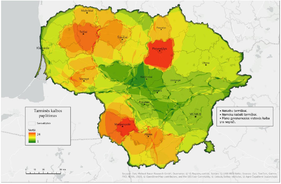 Lietuvos žemėlapyje skirtingomis spalvomis pavaizduoti apibendrinti tyrimui pasirinktų septynių gimnazijų moksleivių atsakymų į žemėlapio užduoties klausimą, kur kalbama tarmiškai, ir anketų atsakymų, kuriais deklaruota, kad nekalbama tarmiškai ir gyvenamosios vietovės kalba yra negraži, geoerdvinės analizės rezultatai. Raudona spalva rodo dažniausiai (iki 24 kartų) tarmiškai nekalbančių ir gyvenamosios vietovės kalbą neigiamai vertinančių respondentų žymėtą tarminės kalbos paplitimo teritoriją – Panevėžio m. ir r. sav., Marijampolės r. sav. apylinkes; oranžinė spalva rodo panašiai žymėtą plotą – Telšių apskrities, Akmenės r. sav., Šiaulių r. sav., Kelmės r. sav., Šilalės r. sav., Tauragės r. sav., Marijampolės apskrities, Lazdijų r. sav., Alytaus r. sav., Varėnos r. sav. apylinkes; geltona spalva rodo rečiau žymėtą teritoriją – Radviliškio r. sav., Pakruojo r. sav., Pagėgių r. sav., Druskininkų r. sav. apylinkes; žalia spalva rodo rečiausiai žymėtus (su tarme nesietus) arealus – tai visa likusi Lietuvos teritorija. Taip pat žemėlapyje pateikti didesniųjų Lietuvos miestų pavadinimai ir Lietuvos savivaldybių ribos, klausimai, kurių atsakymų pagrindu parengtas žemėlapis