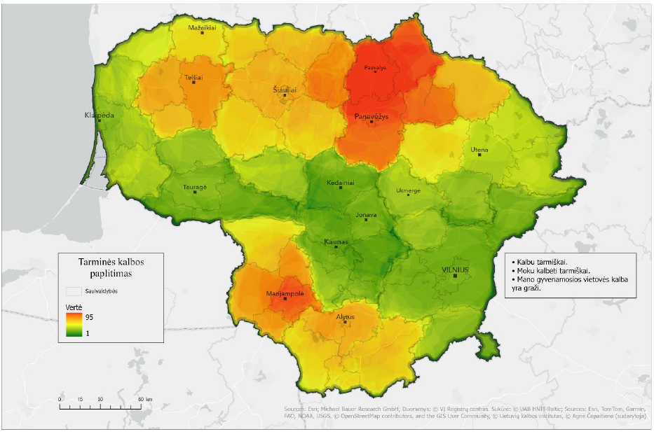Lietuvos žemėlapyje skirtingomis spalvomis pavaizduoti apibendrinti tyrimui pasirinktų septynių gimnazijų moksleivių atsakymų į žemėlapio užduoties klausimą, kur kalbama tarmiškai, ir anketų atsakymų, kuriais deklaruota, kad kalbama tarmiškai ir gyvenamosios vietovės kalba yra graži, geoerdvinės analizės rezultatai. Raudona spalva rodo dažniausiai (iki 95 kartų) tarmiškai kalbančių ir gyvenamosios vietovės kalbą teigiamai vertinančių respondentų žymėtą tarminės kalbos paplitimo teritoriją – Pasvalio r. sav., Panevėžio m. ir r. sav., Biržų r. sav. apylinkes; šviesesnė rausva spalva rodo panašiai dažnai žymėtus plotus – Kupiškio r. sav. ir Marijampolės r. sav. apylinkes; oranžinė spalva rodo dažnai žymėtą arealą – Šiaulių ir Telšių apskričių, Šakių r. sav., Vilkaviškio r. sav., Kalvarijos r. sav., Alytaus r. sav., Varėnos r. sav., dalies Lazdijų r. sav., Rokiškio r. sav. apylinkes; geltona spalva rodo rečiau žymėtą teritoriją – Anykščių r. sav., Skuodo r. sav., Kretingos r. sav., dalies Lazdijų r. sav., Druskininkų r. sav. apylinkes; žalia spalva rodo rečiausiai žymėtą (su tarme nesietą) teritoriją – tai likęs Lietuvos plotas. Taip pat žemėlapyje pateikti didesniųjų Lietuvos miestų pavadinimai ir Lietuvos savivaldybių ribos, klausimai, kurių atsakymų pagrindu parengtas žemėlapis