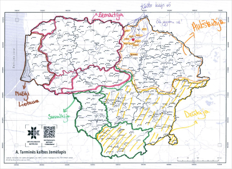 Nespalvotame Lietuvos žemėlapyje su administracinėmis savivaldybių ribomis ir didesniųjų miestų bei miestelių pavadinimais skirtingomis spalvomis flomasteriu pažymėtos ir įvardytos zonos, kuriose kalbama tarmiškai: ruda spalva vakarų Lietuvoje pažymėtas ir įvardytas Mažosios Lietuvos plotas, už jo didesnis (beveik ketvirtis vakarų Lietuvos) – Žemaitijos arealas, ketvirtis rytų Lietuvos – Aukštaitija, daugiau nei pusė pietrytinio arealo – Dzūkija, sritis apie Marijampolę – Suvalkija. Flomasteriu pažymėti aštuoni didesnieji šiaurės Lietuvos miestai ir miesteliai ir rašikliu nurodyta, kad juose kalbama taip pat, kaip respondentas. Raudonu tašku pažymėta gyvenamoji vietovė netoli Pasvalio miesto ir nurodyta, kad jame pateikėjas gyvena