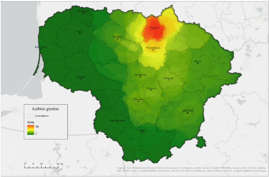 Lietuvos žemėlapyje skirtingomis spalvomis pavaizduoti apibendrinti tyrimui pasirinktų septynių gimnazijų moksleivių atsakymų į žemėlapio užduoties klausimą, kur kalbama ta pačia ar panašia kalba, kaip ir jų gyvenamojoje vietovėje, geoerdvinės analizės rezultatai. Raudona spalva rodo dažniausiai (iki 70 kartų) respondentų žymėtą teritoriją – Pasvalio r. sav. apylinkes; geltona spalva rodo panašiai dažnai žymėtą arealą – Biržų r. sav. ir Panevėžio m. ir r. sav. apylinkes; žalia spalva rodo rečiausiai žymėtą teritoriją – tai likęs Lietuvos plotas. Taip pat žemėlapyje pateikti didesniųjų Lietuvos miestų pavadinimai ir Lietuvos savivaldybių ribos