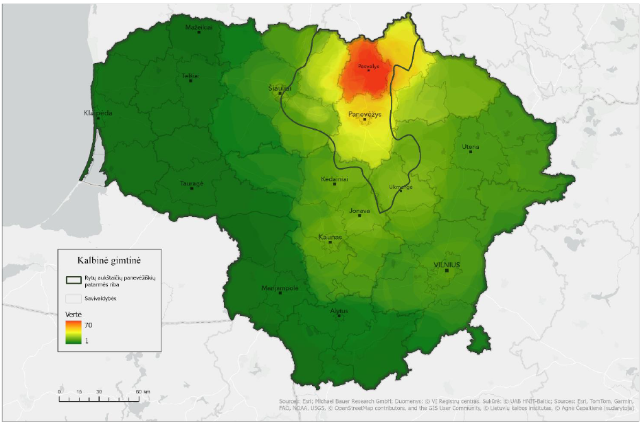 Lietuvos žemėlapyje skirtingomis spalvomis pavaizduoti apibendrinti tyrimui pasirinktų septynių gimnazijų moksleivių atsakymų į žemėlapio užduoties klausimą, kur kalbama ta pačia ar panašia kalba, kaip ir jų gyvenamojoje vietovėje, geoerdvinės analizės rezultatai (plg. 5 pav. aprašą) ir rytų aukštaičių panevėžiškių patarmės riba. Taip pat žemėlapyje pateikti didesniųjų Lietuvos miestų pavadinimai ir Lietuvos savivaldybių ribos