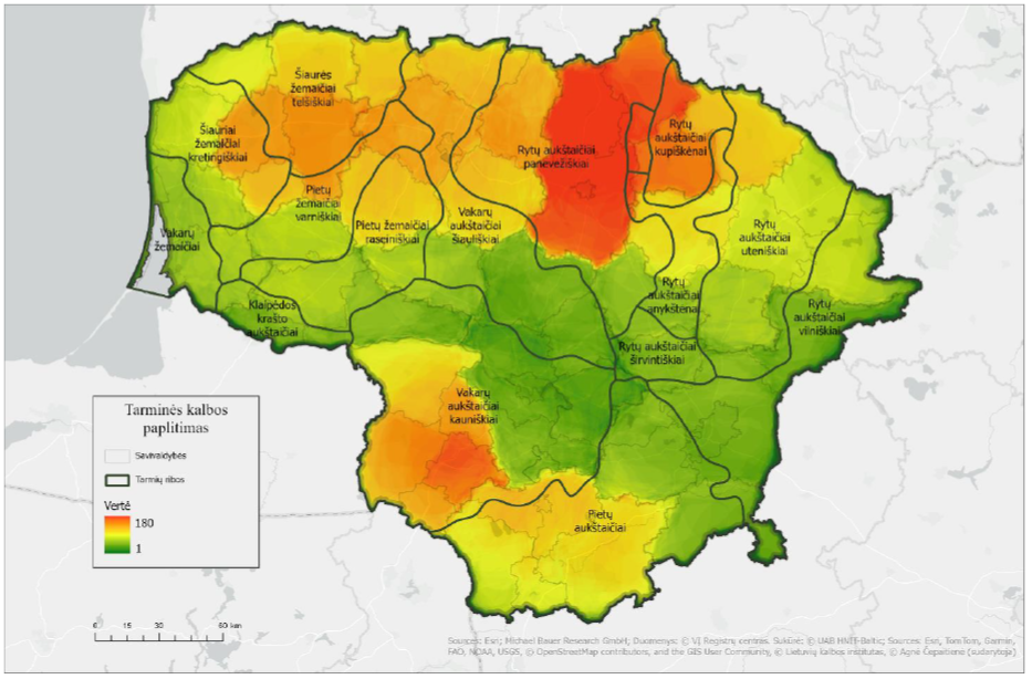 Lietuvos žemėlapyje skirtingomis spalvomis pavaizduoti apibendrinti tyrimui pasirinktų septynių gimnazijų moksleivių atsakymų į žemėlapio užduoties klausimą, kur kalbama tarmiškai, geoerdvinės analizės rezultatai (plg. 9 pav. aprašą) ir lietuvių patarmių ribos, nurodyti patarmių pavadinimai