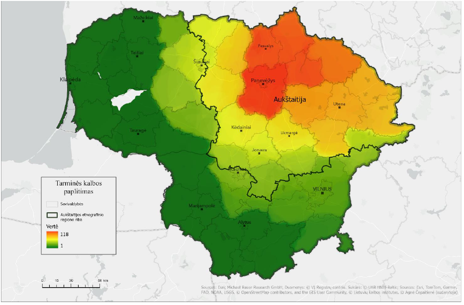 Lietuvos žemėlapyje skirtingomis spalvomis pavaizduoti apibendrinti tyrimui pasirinktų septynių gimnazijų moksleivių, kurie, atlikdami žemėlapio užduotį, žymėjo tarminės kalbos paplitimą ir įvardijo aukštaičių tarmę, geoerdvinės analizės rezultatai ir Aukštaitijos etnografinio regiono riba, nurodytas etnografinio regiono pavadinimas. Žemėlapyje raudona, oranžine ir geltona spalvomis pažymėta respondentų dažniausiai nurodyta ir įvardyta aukštaičių tarmės paplitimo teritorija didžiąja dalimi sutampa su Aukštaitijos etnografinio regiono ribomis. Pilka spalva žymi mažą teritoriją, aptariamų pateikėjų niekada nesietą su aukštaičių tarme – tai Šilalės r. sav. apylinkės; žalia spalva rodo rečiausiai žymėtus aukštaičių tarmės paplitimo plotus – tai visa likusi Lietuvos teritorija. Taip pat žemėlapyje pateikti didesniųjų Lietuvos miestų pavadinimai ir Lietuvos savivaldybių ribos