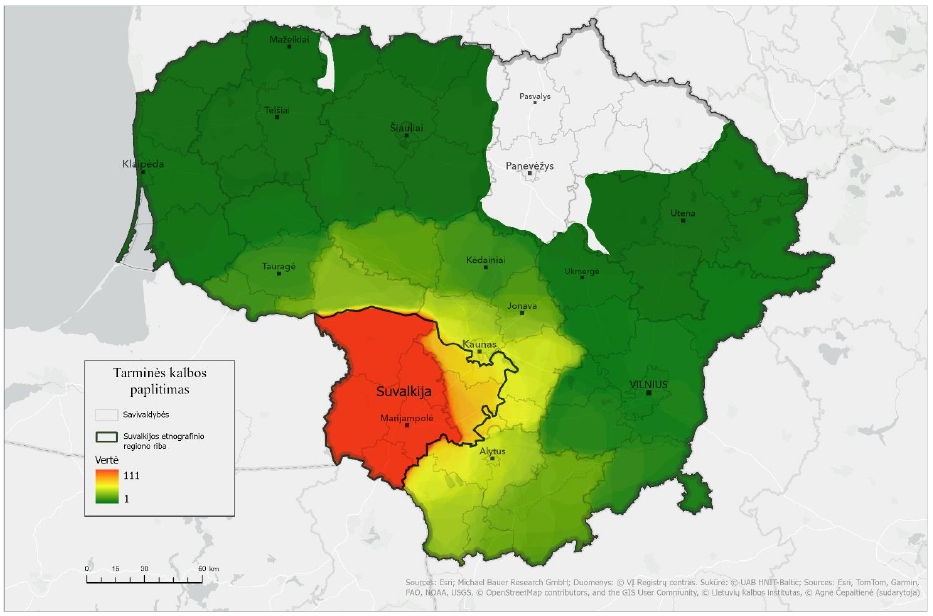 Lietuvos žemėlapyje skirtingomis spalvomis pavaizduoti apibendrinti tyrimui pasirinktų septynių gimnazijų moksleivių, kurie, atlikdami žemėlapio užduotį, žymėjo tarminės kalbos paplitimą ir įvardijo suvalkiečių, suvalkų tarmę, geoerdvinės analizės rezultatai ir Suvalkijos etnografinio regiono riba, nurodytas etnografinio regiono pavadinimas. Žemėlapyje raudona ir oranžine spalvomis pažymėta respondentų dažniausiai nurodyta ir įvardyta suvalkiečių, suvalkų tarmės paplitimo teritorija didžiąja dalimi sutampa su Suvalkijos etnografinio regiono ribomis. Pilka spalva žymi teritoriją, aptariamų pateikėjų niekada nesietą su žemaičių tarme – tai Panevėžio apskrities apylinkės; geltona spalva rodo rečiau žymėtus suvalkiečių, suvalkų tarmės paplitimo plotus – tai teritorija aplink Suvalkijos etnografinį regioną; žalia spalva rodo rečiausiai žymėtus suvalkiečių, suvalkų tarmės paplitimo plotus – tai visa likusi Lietuvos teritorija. Taip pat žemėlapyje pateikti didesniųjų Lietuvos miestų pavadinimai ir Lietuvos savivaldybių ribos