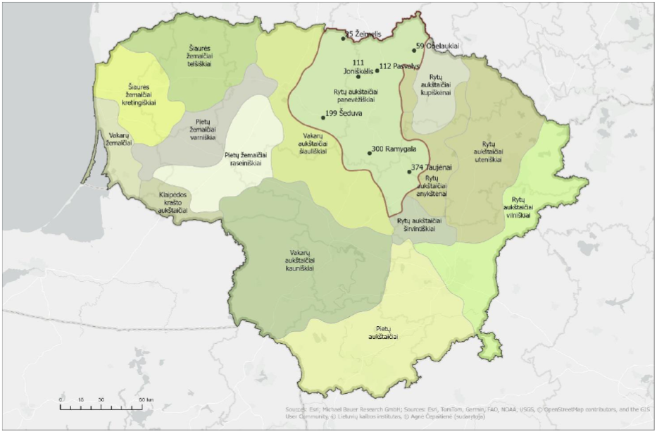 Lietuvos žemėlapyje pateiktos penkiolikos patarmių ribos, nurodyti patarmių pavadinimai. Taškais pavaizduotos ir įvardytos šalies šiaurėje esančios gyvenamosios vietovės, kurių gimnazijose atlikta mokinių apklausa. Raudona linija žymima rytų aukštaičių panevėžiškių patarmės, į kurią patenka tyrimui pasirinktos vietovės, riba